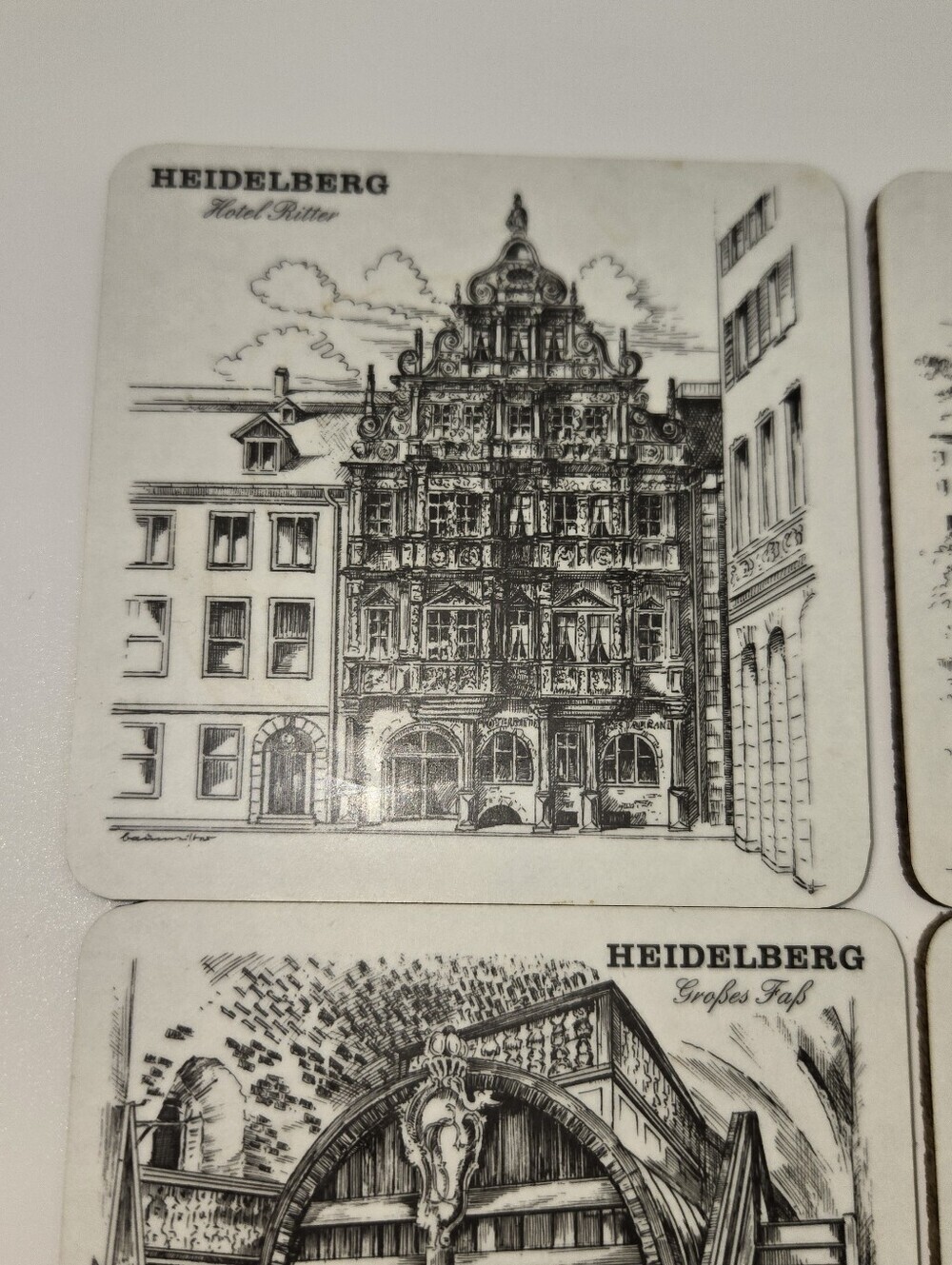 Vintage Heidelberg Germany Historic Scene Cork Back Coasters In Black & White - Picture 3 of 7